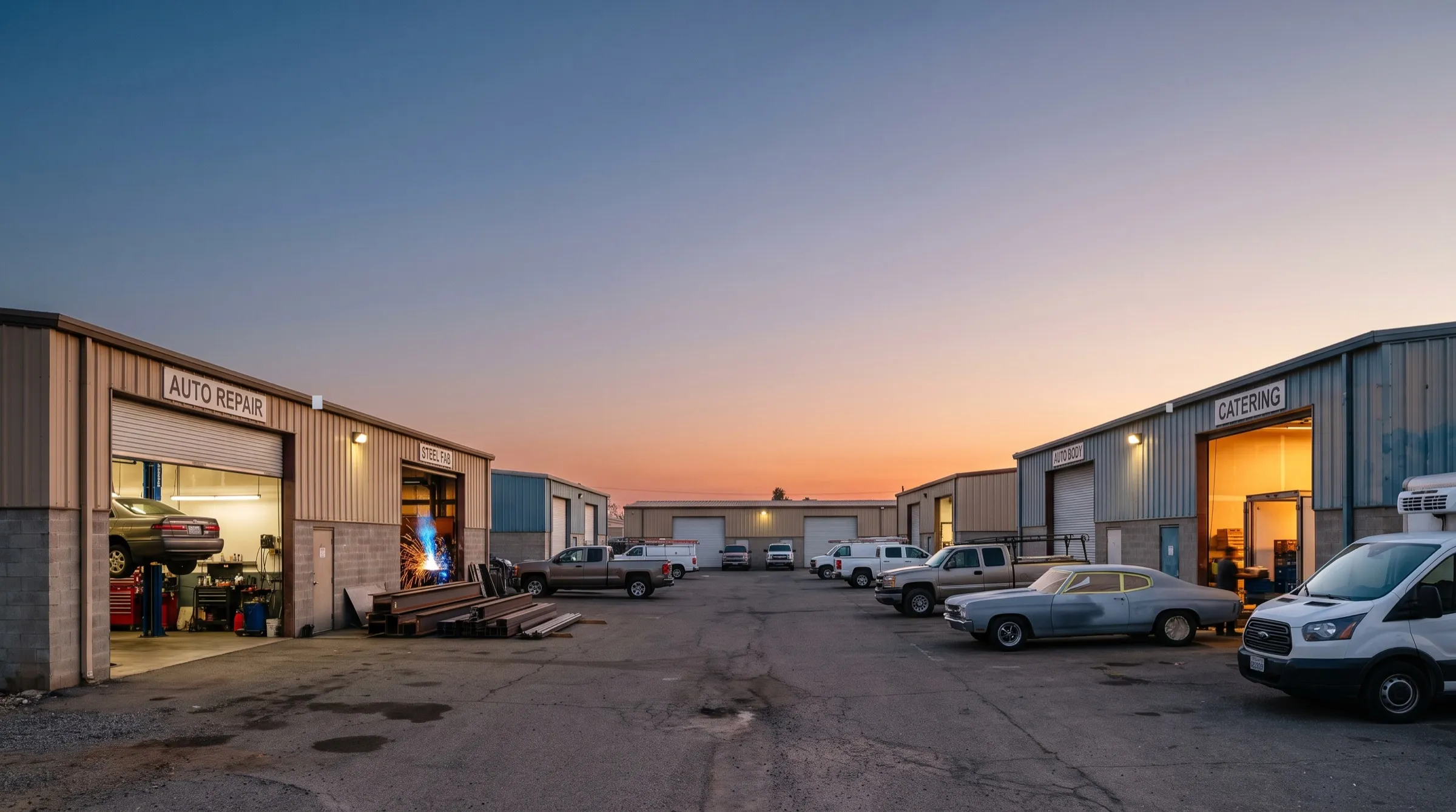 A business park at dusk with small radios on two of the roof edges