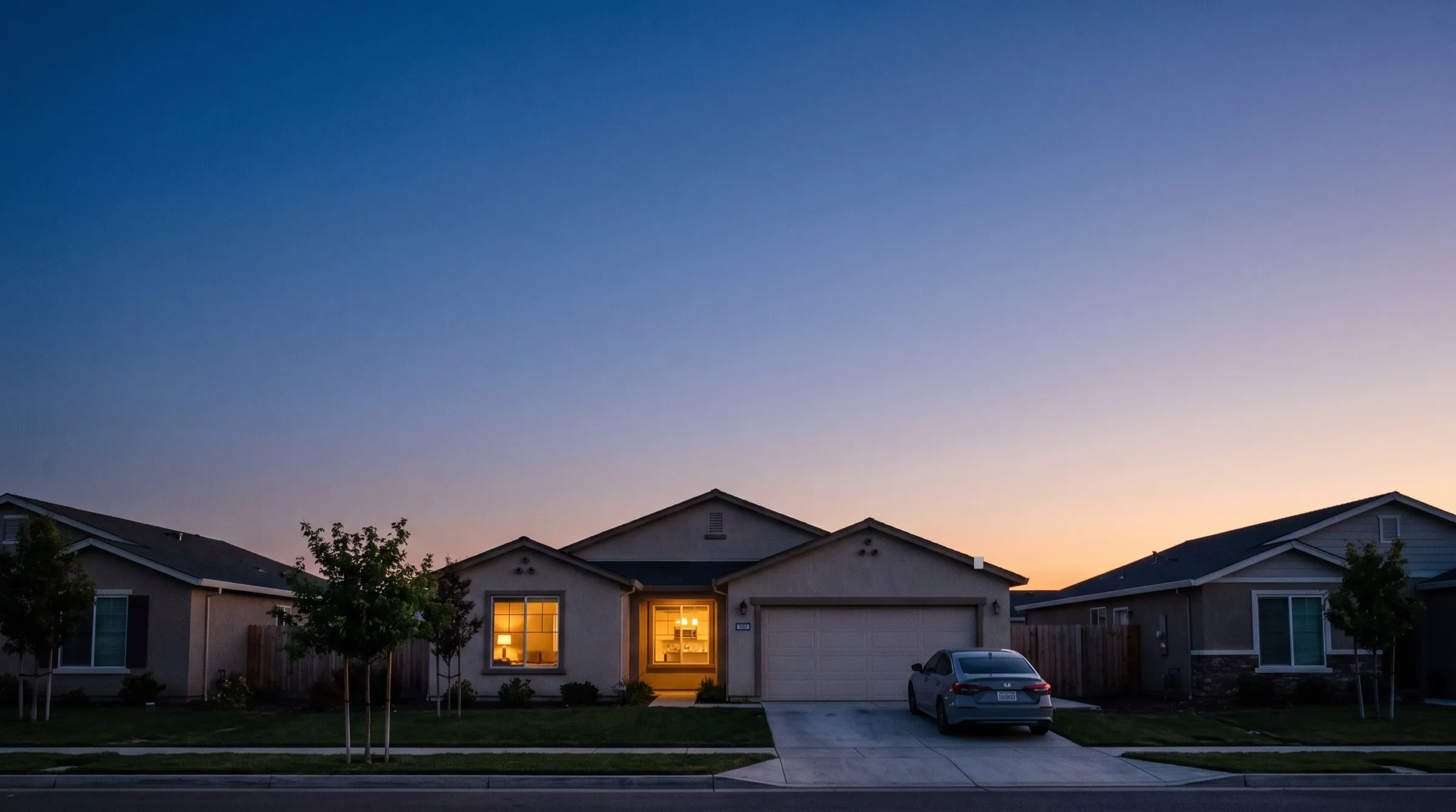 A home on a town street at dusk, with a small radio on the roof edge
