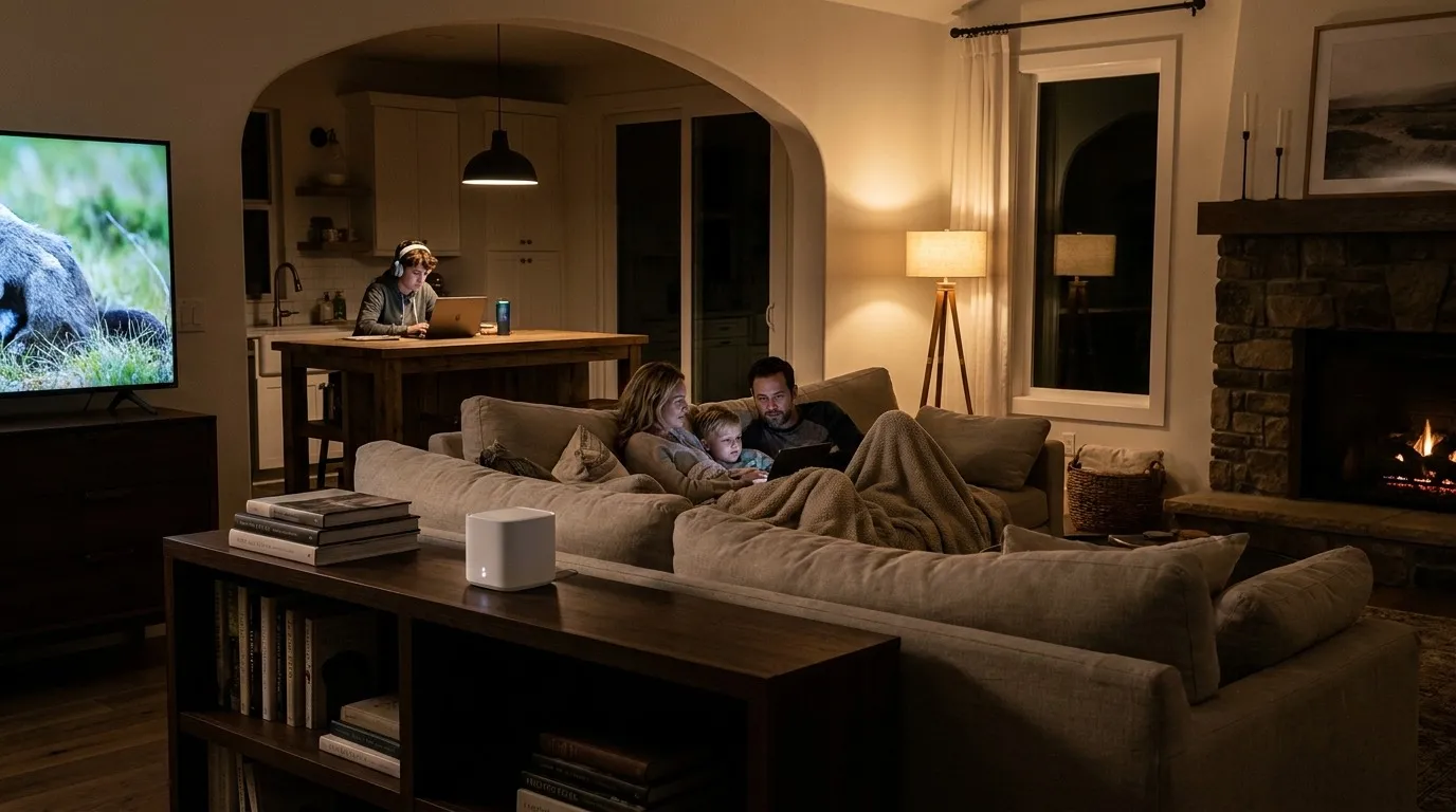 A family on the couch in the evening, with a small white Wi-Fi unit on the bookshelf
